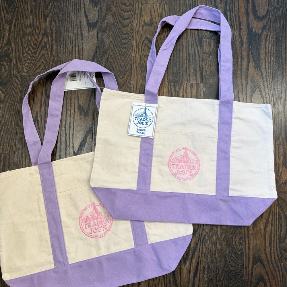 TWO NWT Trader Joe's Cream and Lavender Canvas Tote Bag